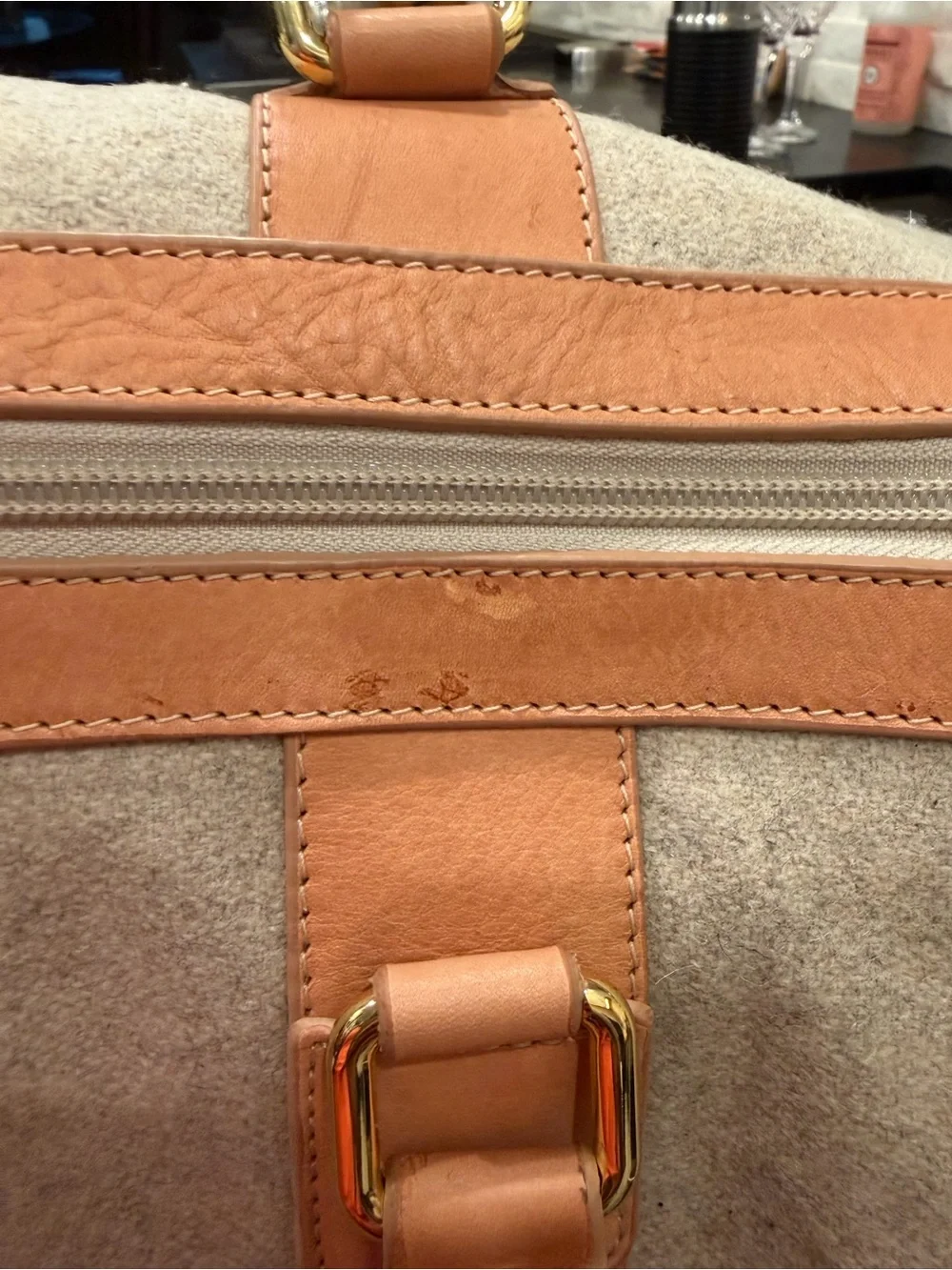 Monte & Coe Beige Canvas and Tan wool and Leather Weekender with Blue Stripe